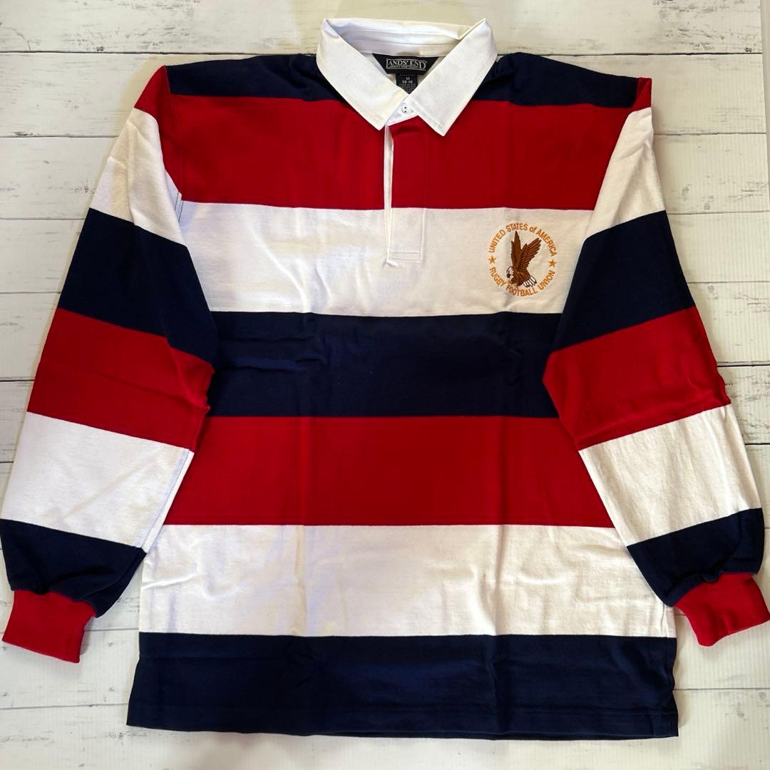新品Lands'End ラガーシャツ M米国製レッド/ホワイト/ネイビー 新品 古着 90年代 ランズエンド LANDS END ボーダー柄 長袖 ラガーシャツ