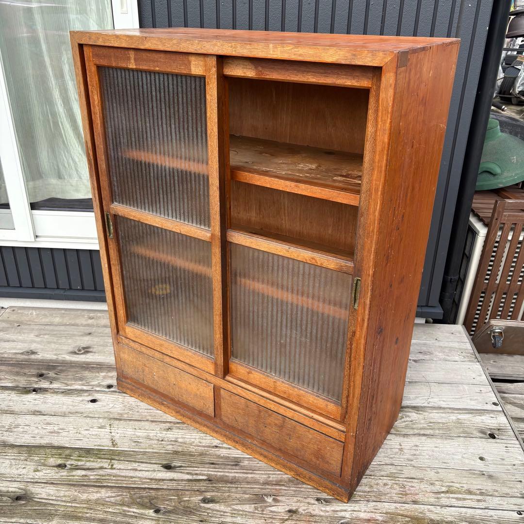 昭和レトロ 古家具 モザイクガラス戸 木製キャビネット 食器棚 サイド