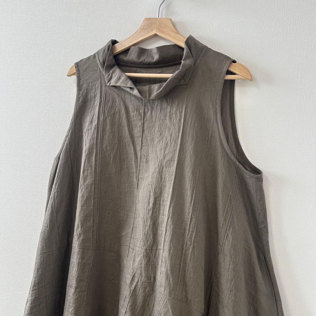 慈雨 ロングワンピース 変形 ノースリーブ カーキ コットン 麻 40