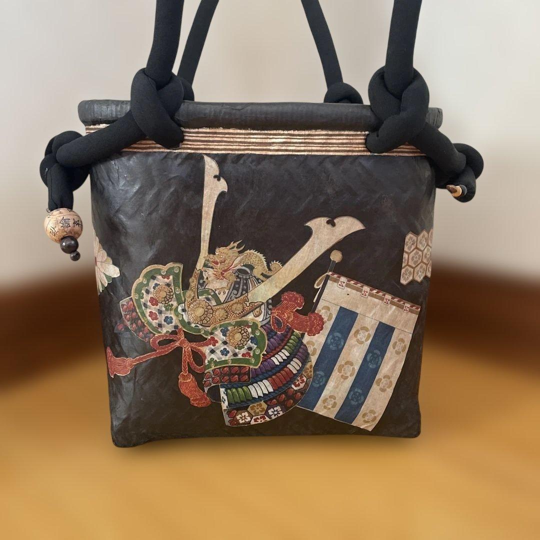 一閑張り　一閑張りバッグ　柿渋染め　市場カゴ　ハンドメイド 一閑張り 一閑張りバッグ 柿渋染め 市場カゴ ハンドメイド 招き猫