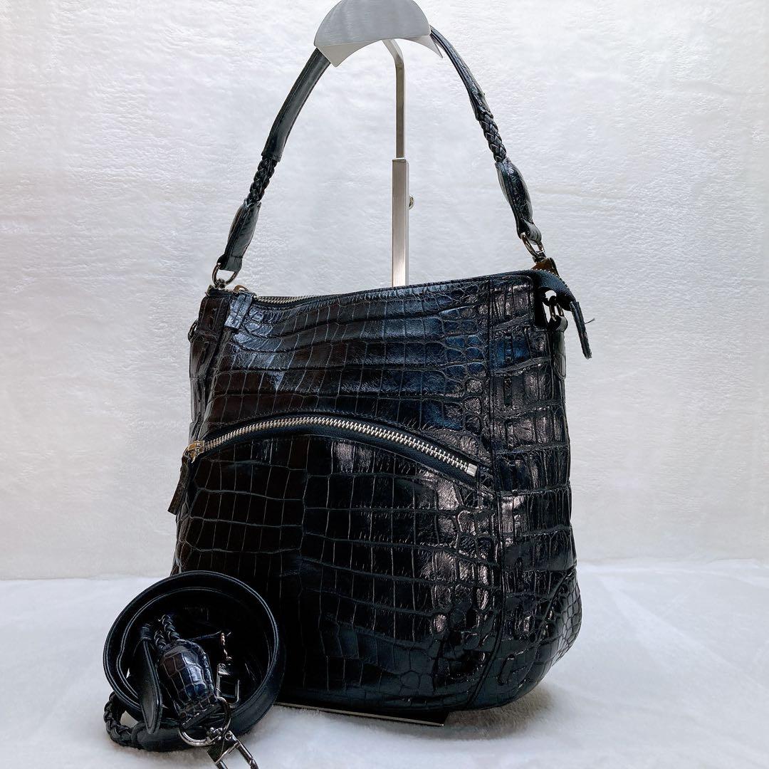 ✨美品✨クロコダイル マットクロコ 2wayショルダーバッグ レザー ブラック クロコダイル トートバッグ レディース マット ショルダー 2way 斜