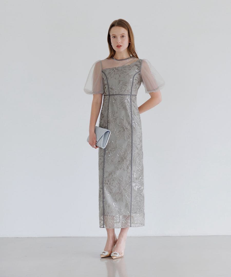 【LEJA】アシンメトリーシアーフラワーワンピースドレス 当日発送】アシンメトリーシアーフラワーワンピース結婚式ドレス