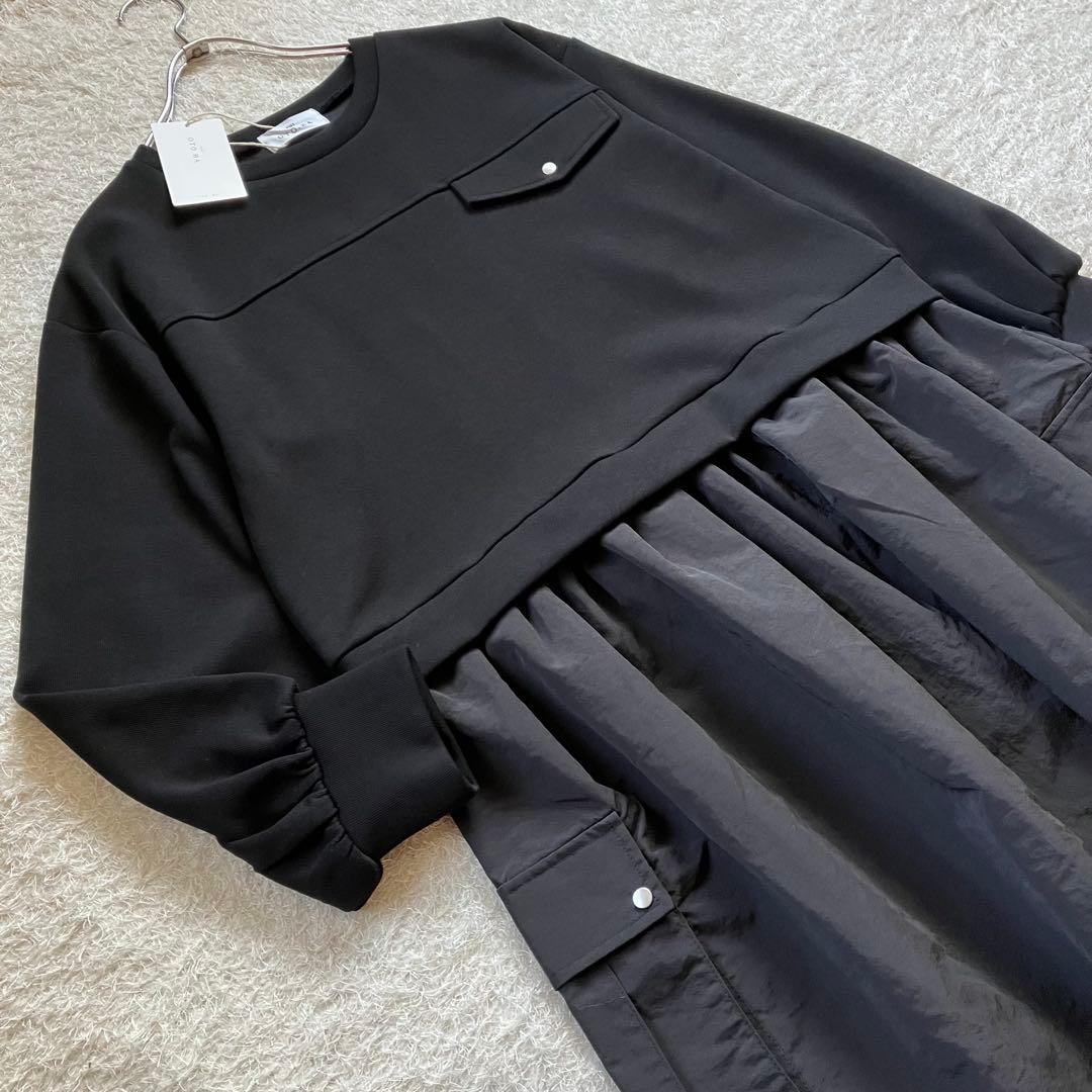 PLUS OTOHA プラスオトハ 異素材ドッキングワンピース 黒 ブラック