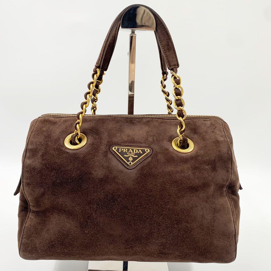 【✨極美品✨】プラダ ミニボストンバッグ 三角ロゴ スウェード ブラウン ✨美品✨】プラダ ミニボストンバッグ 三角ロゴ レザー ブラウン