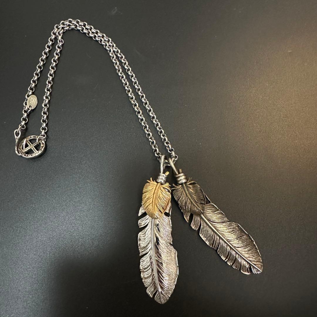 SAAD フェザー ブロンズハート 甲丸チェーン セット ネックレス ハート付 フェザー シルバー925 オキシダイズコーティング（燻し