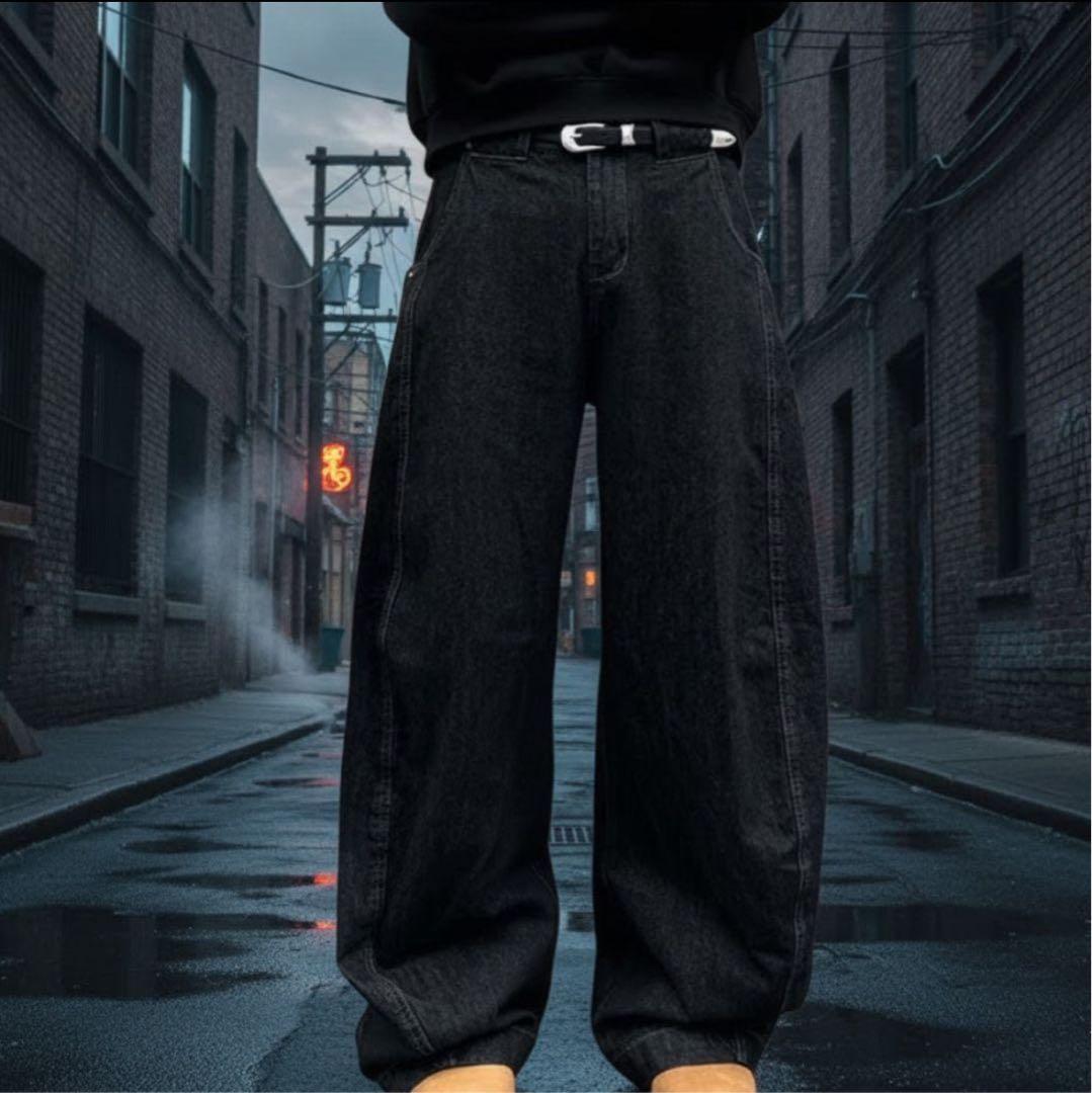L/極太バギー】ストリート系 デニム パンツ ルーズフィット ワイド 黒