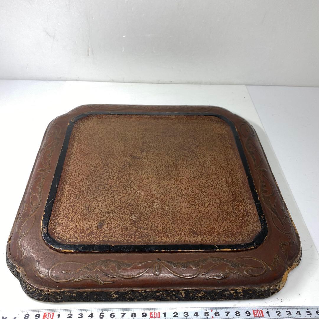 時代 琉球 木彫 盆 33×33㎝ 東な7-0304③