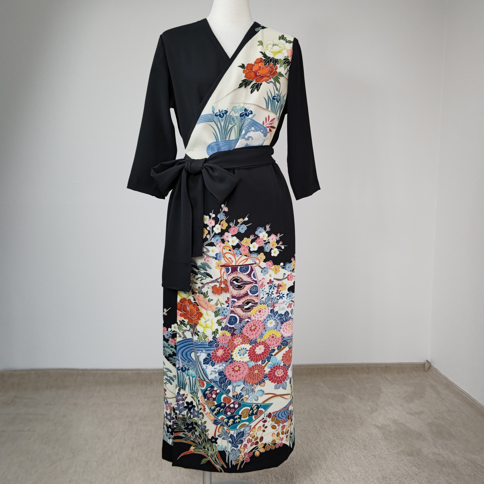 値下げ 巻き 留袖ドレス 7分袖 着物リメイクワンピース 花
