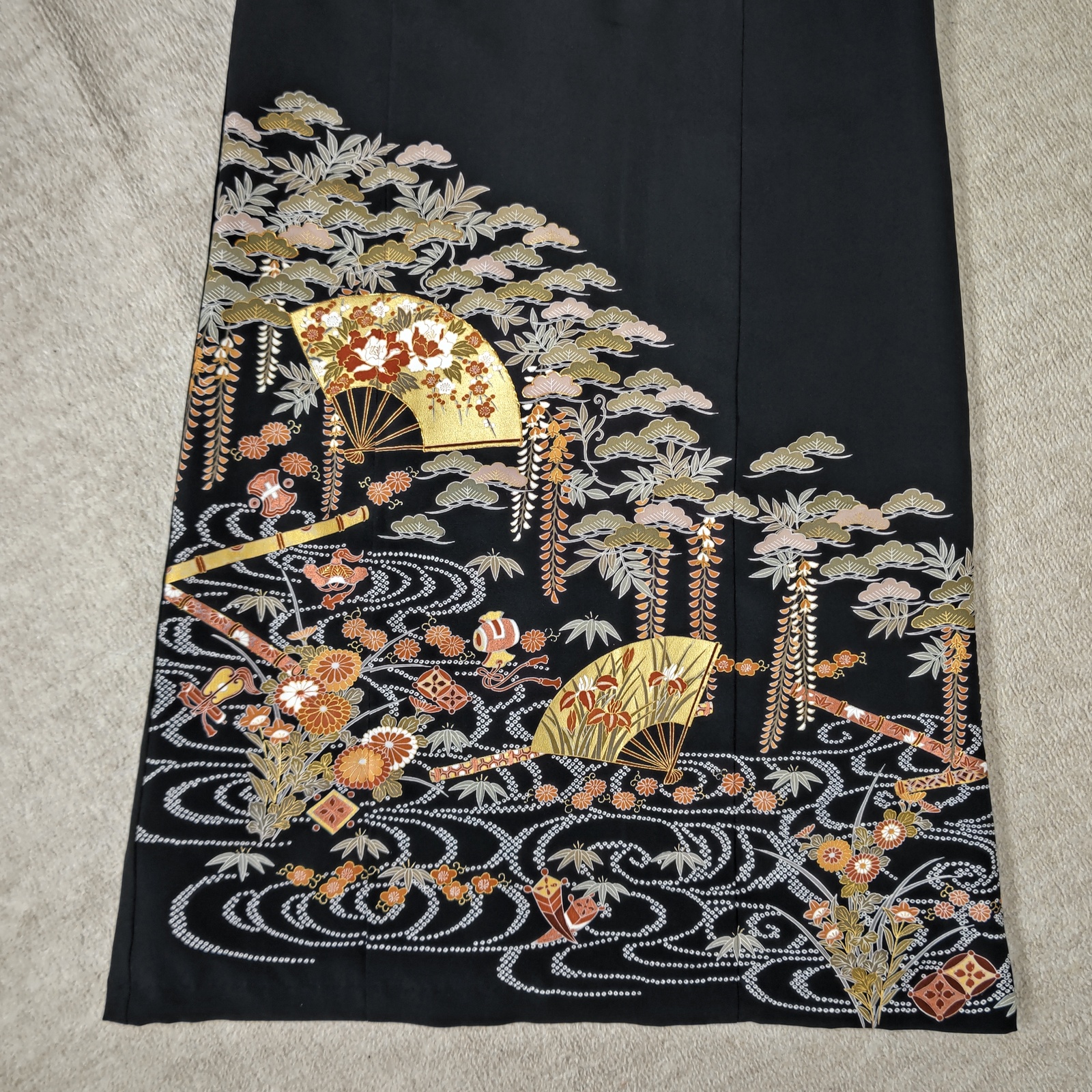 着物リメイク ワンピース 留袖ドレス 7分袖 ひざ丈 裏付き 金扇