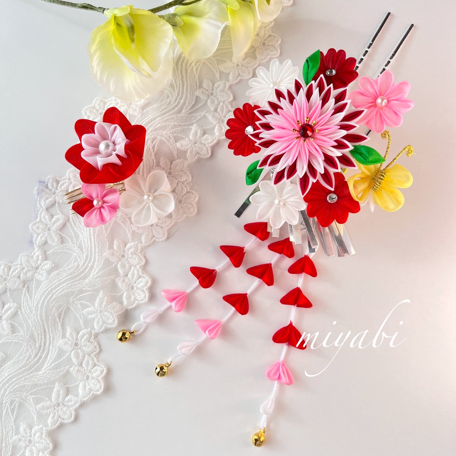 七五三髪飾り つまみ細工髪飾り つまみ細工 正絹羽二重 シルク100% 7歳