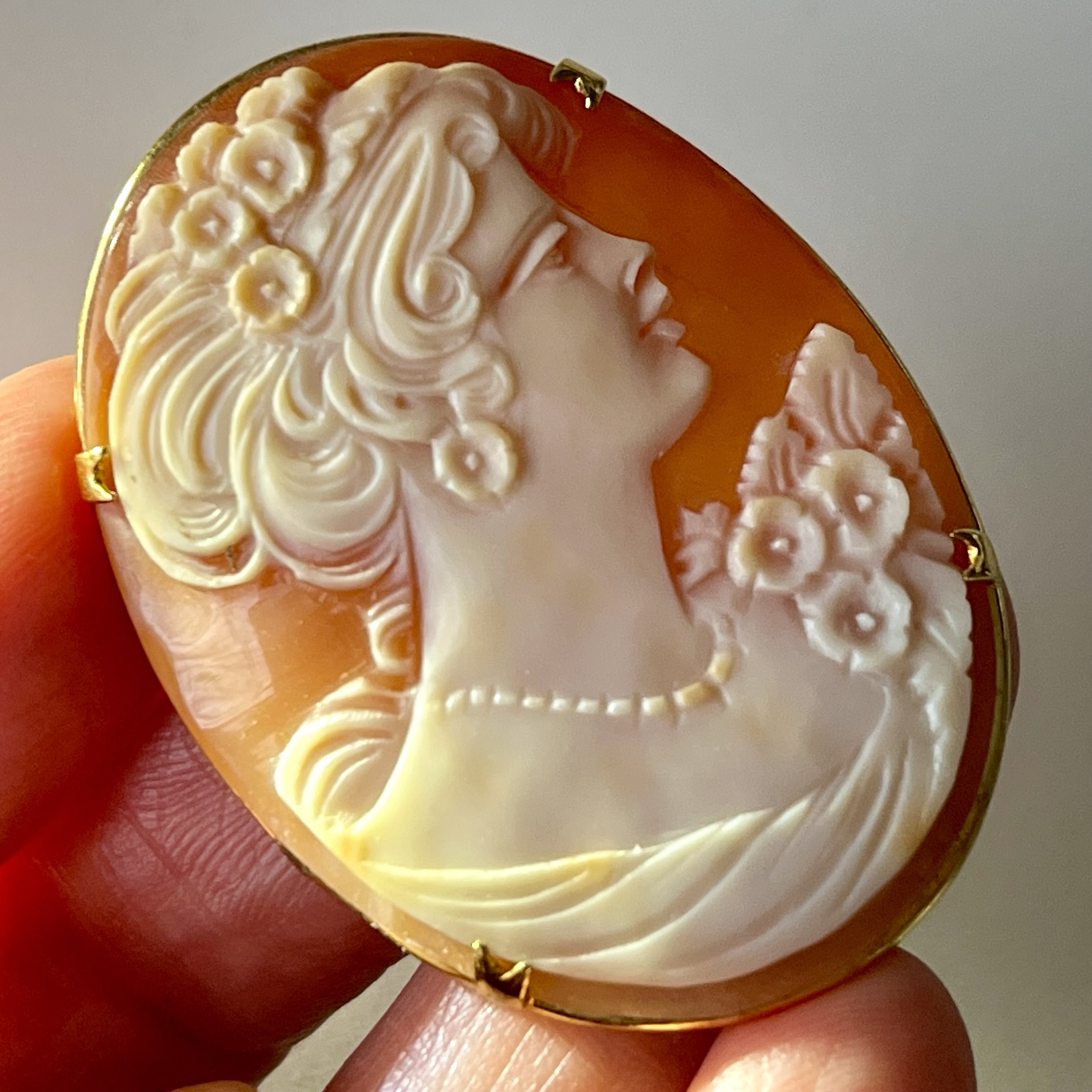 アンティーク 艶々 シェルカメオ 手掘り ペンダント ブローチ