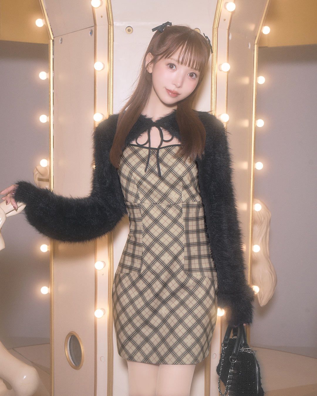 オリジナルチェック柄アンサンブルミニワンピース ベージュ