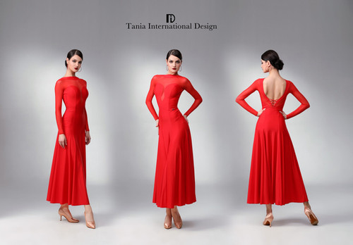 TID M348D】ボールルームワンピース(赤) | adsjapan-danceshoes