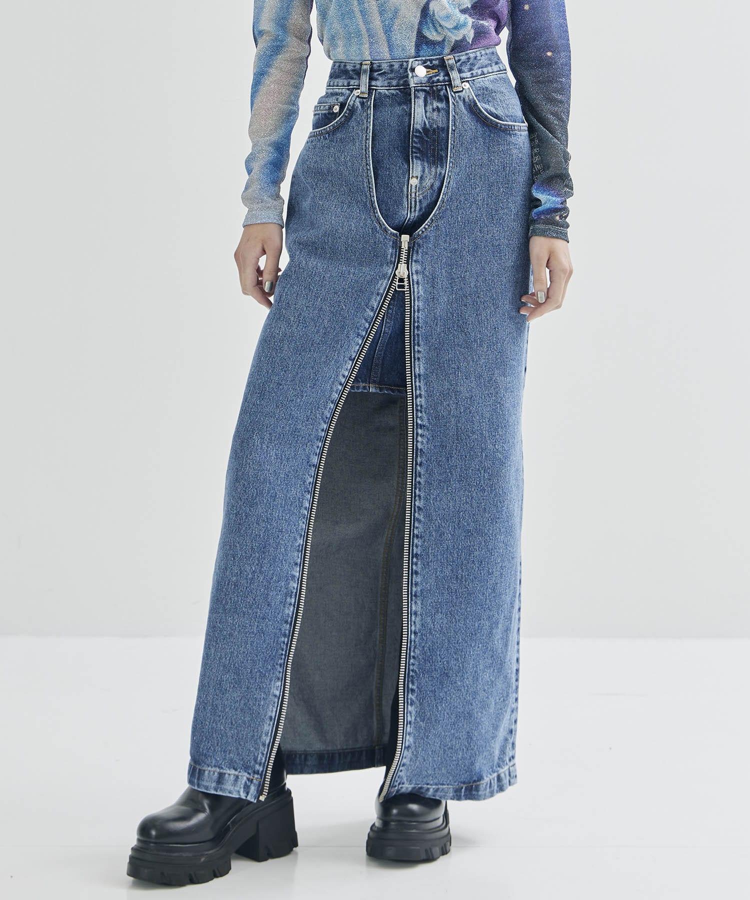 WASHED DENIM ZIPPED LONG SKIRT(M BLUE): JOHN LAWRENCE SULLIVAN