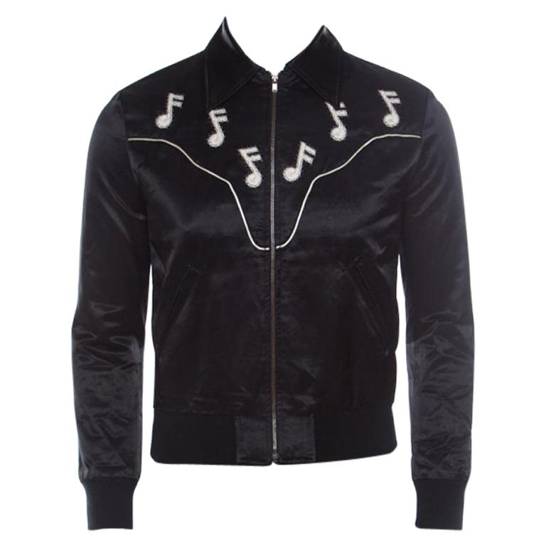 Saint Laurent Paris Black Satin Music Notes Western Jacket XS For
