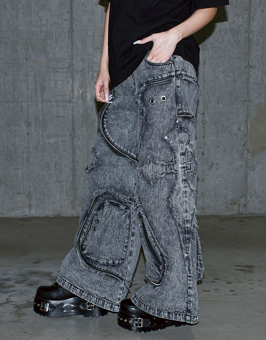 REFLEM【レフレム】クロスパッチ切り替えワイドデニムパンツ/全2色