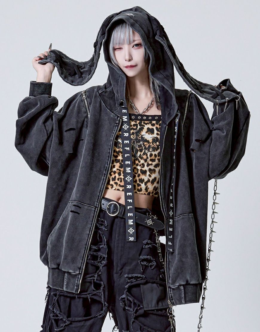 REFLEM【レフレム】チェーン付きブロークンうさ耳長袖ジップアップ