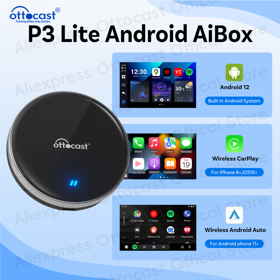 OTTOCAST New P3 Lite OttoAiBox Wireless CarPlay Android AI Box for