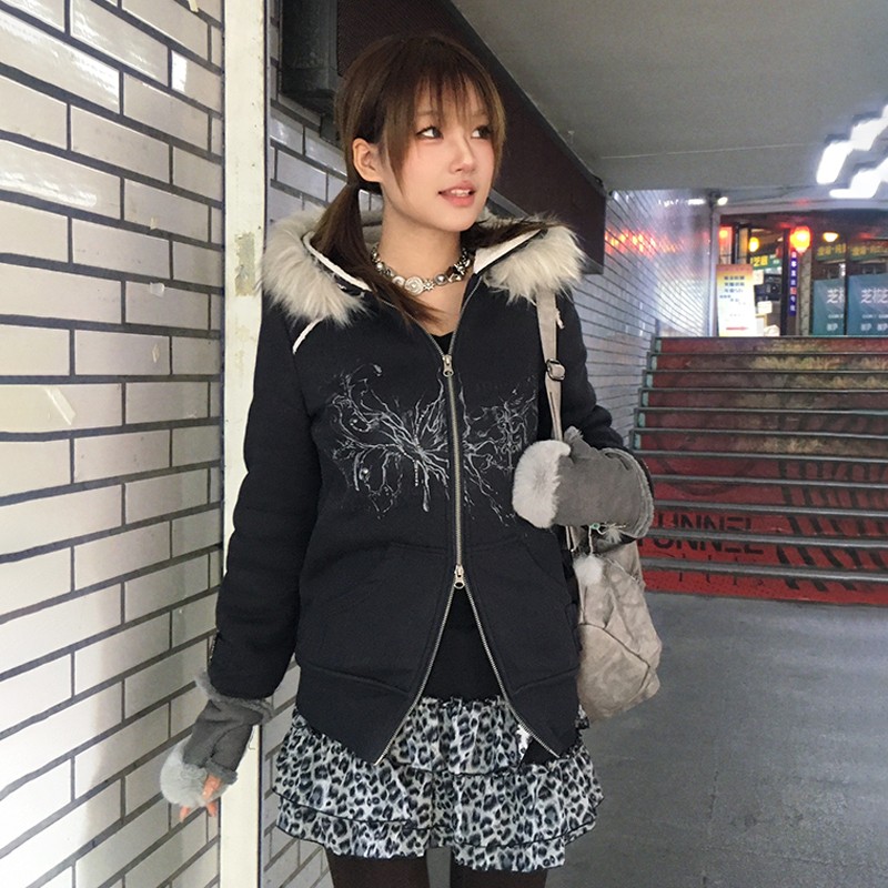 Karrram Japanese Y2k Fur Hooded Coat Grunge Aesthetics Tattoo