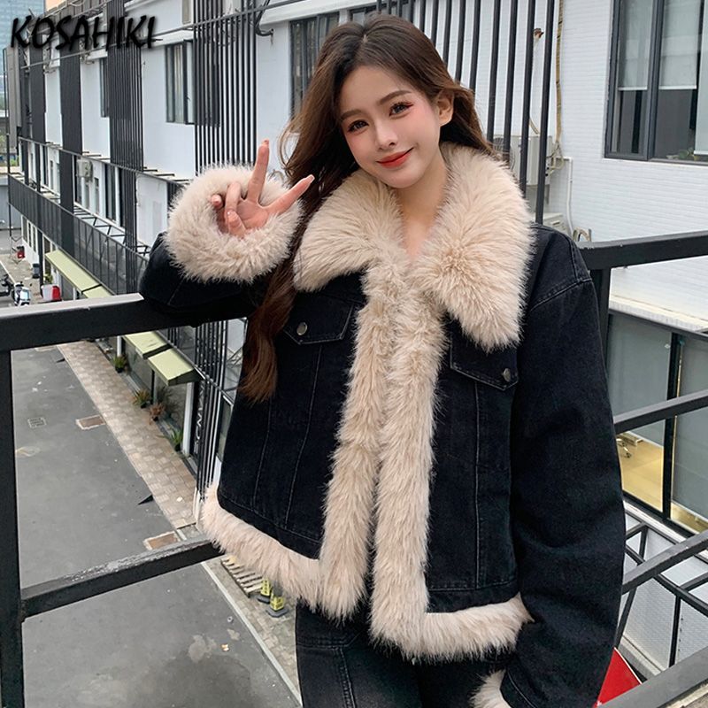 Y2k Aesthetics Black Denim Jacket Grunge Fairycore Jeans Fur