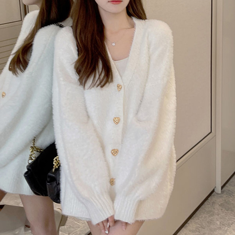 White Heart Buttons Mink Cashmere Cardigan V Neck Autumn Winter