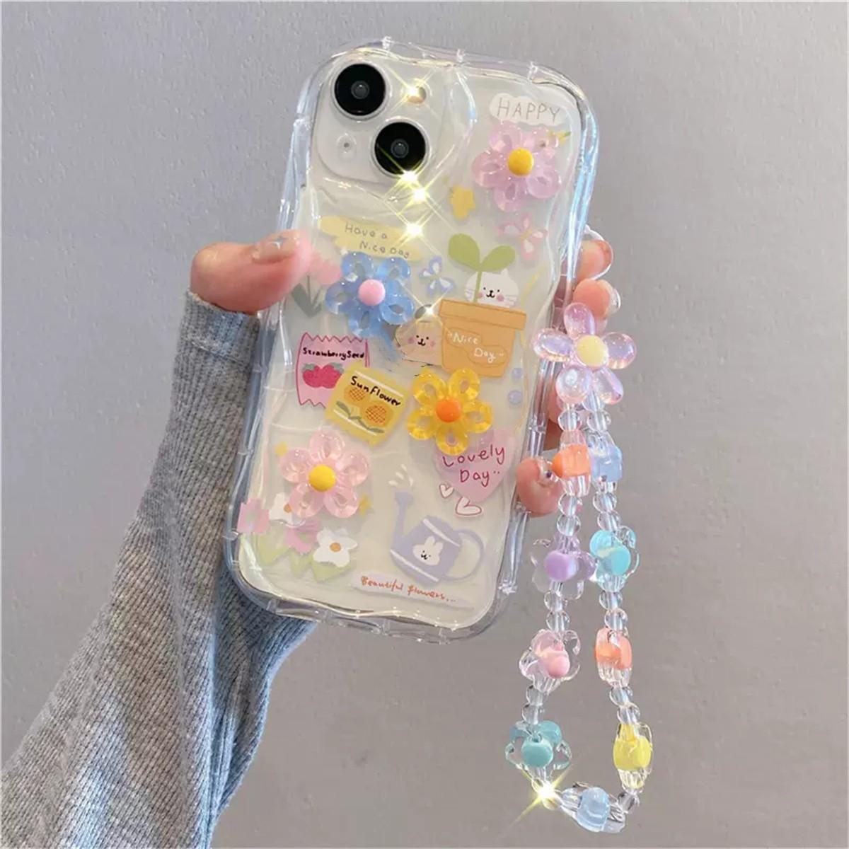 3D Cartoon Flower Phone Chain Lanyard Clear Soft Case For Samsung