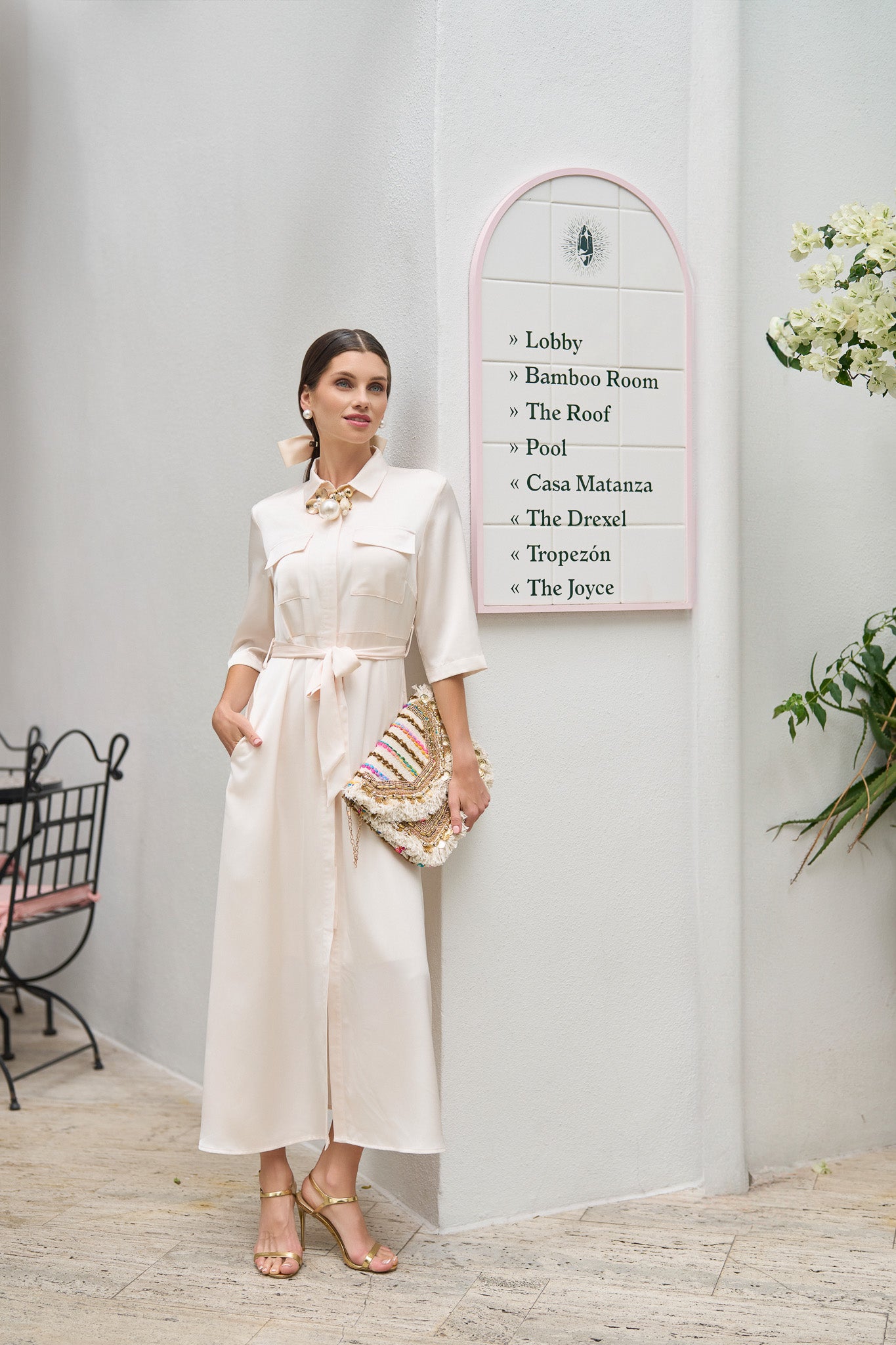 Satin Pocket Belted Dress- Cream | Adina Las Vegas