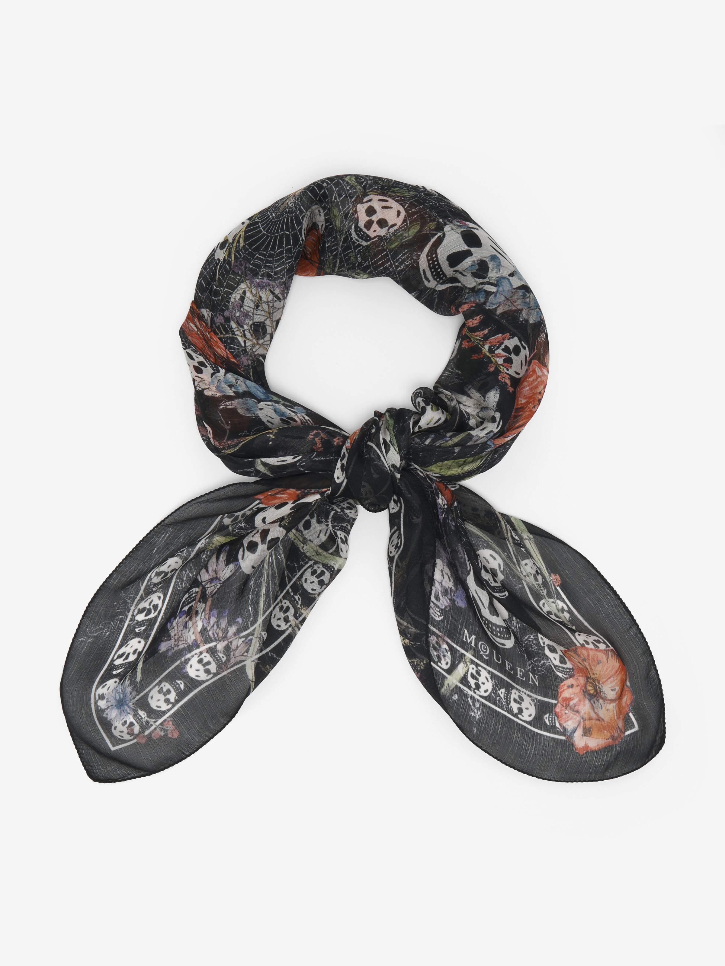 Women's Skull & Spider Floral Scarf in Black/Ivory | McQueen US