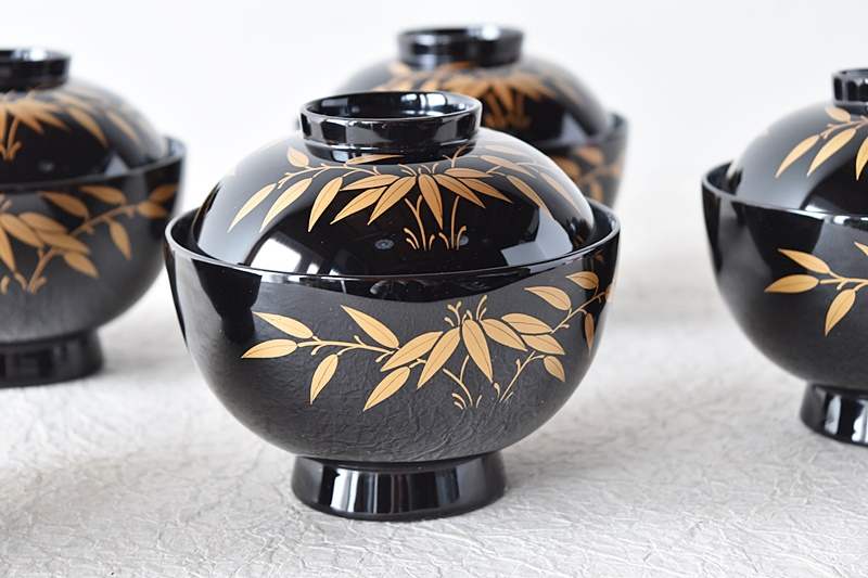 はなさん 輪島塗 松鶴図金蒔絵 黒漆 吸物椀 3客 はなさん 輪島塗 松鶴