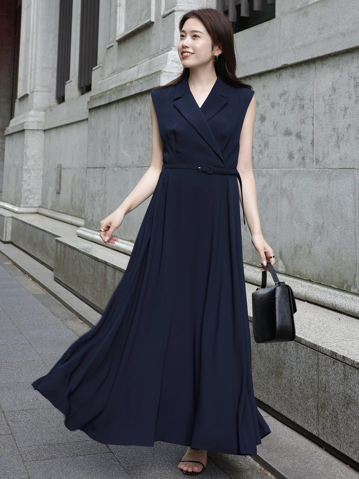 ダブルサテンテーラードフレアワンピース