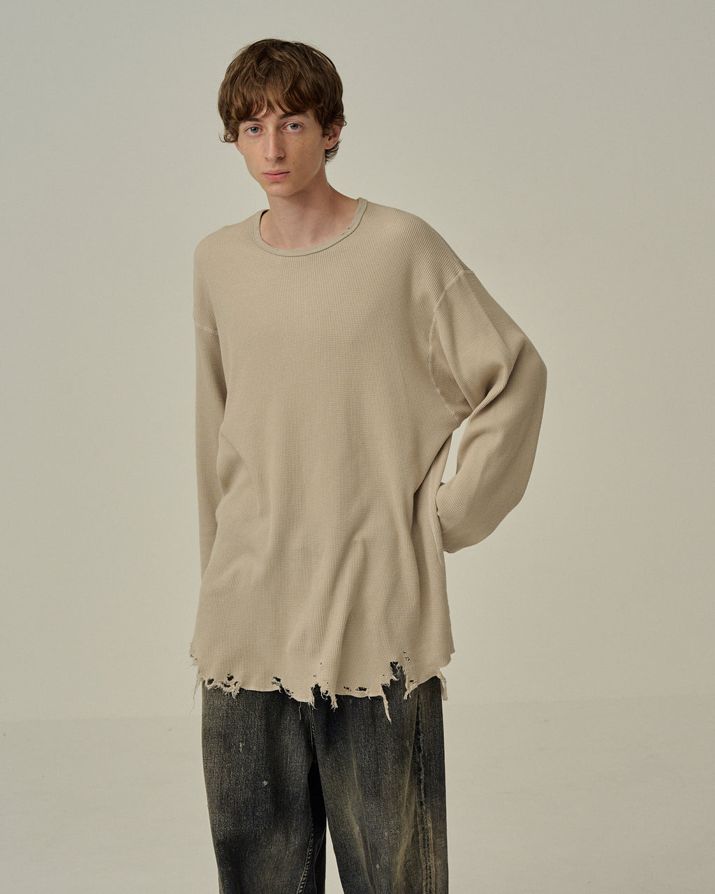 DAMAGE WAFFLE CREW LS T-SHIRT(GREIGE) – ANCELLM