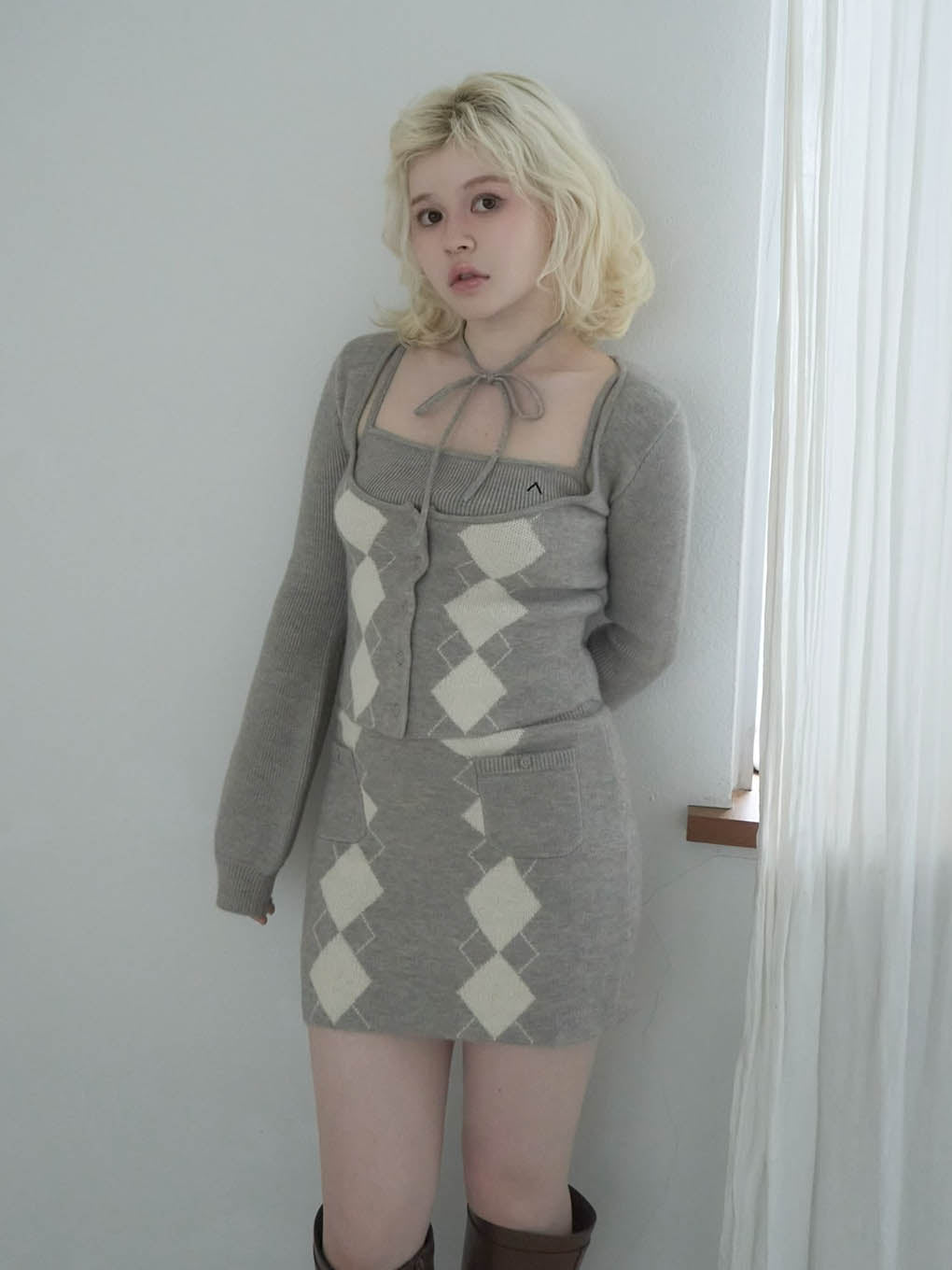 ANDMARY】Argyle ribbon knit set up