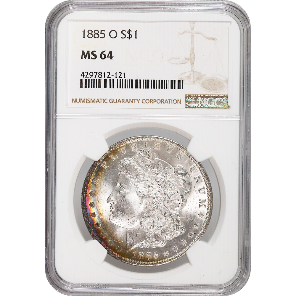 Certified Morgan Silver Dollar 1885-O MS64 NGC Crescent rainbow