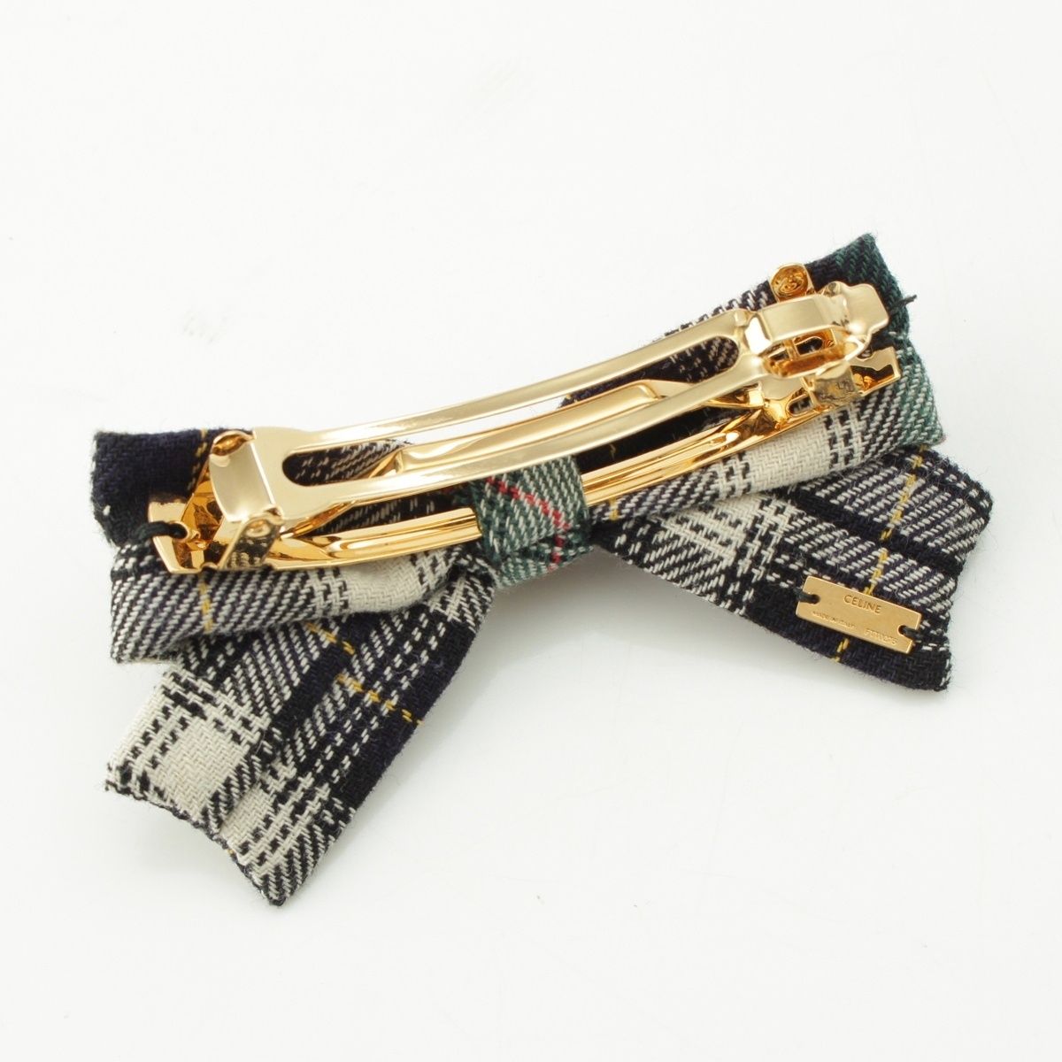 セリーヌ トリオンフ ゴールド金具 チェック柄 リボン バレッタ