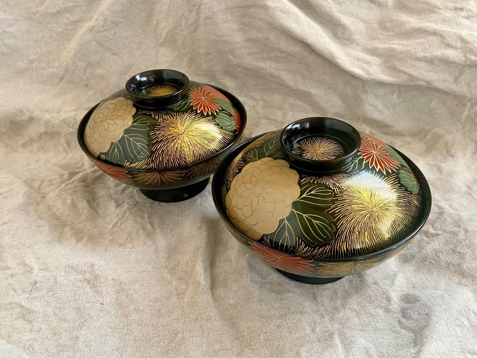 輪島塗 朱漆塗 内総沈金 菊花紋詰 吸物椀 懐石椀 茶道具 金 蒔絵 羽反