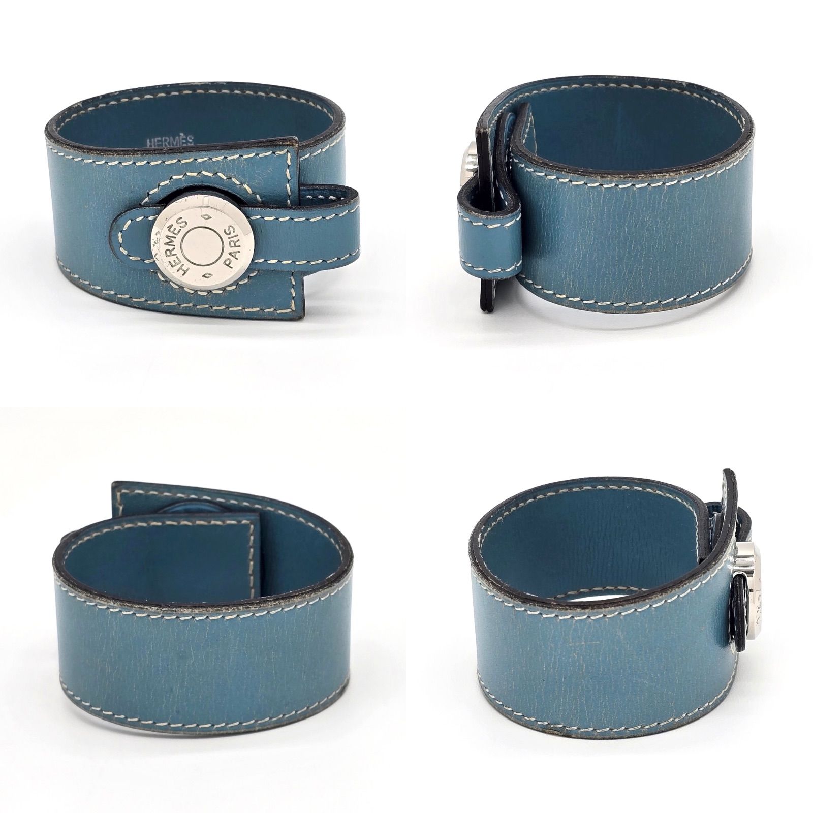 HERMES エルメス ドゴン ブレスレット バングル レザー ブルージーン