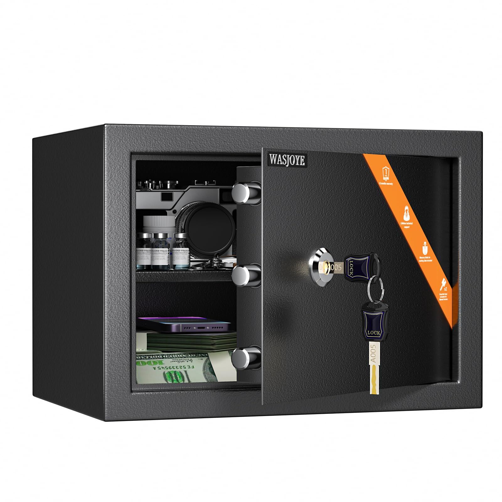 新品】WASJOYE 家庭用金庫 小型金庫 キーロック式 セキュリティー
