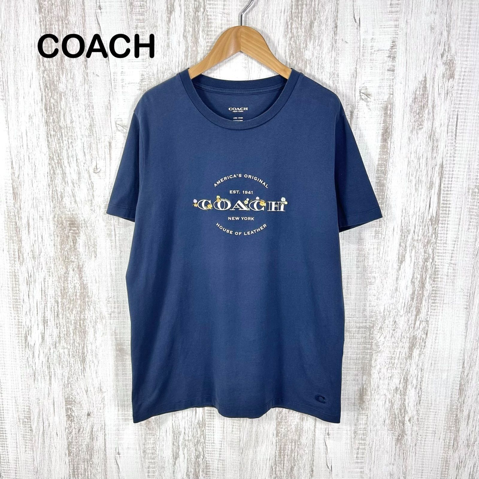 COACH コーチ 花柄刺繡 ロゴプリント Tシャツ ブルー ビッグサイズ