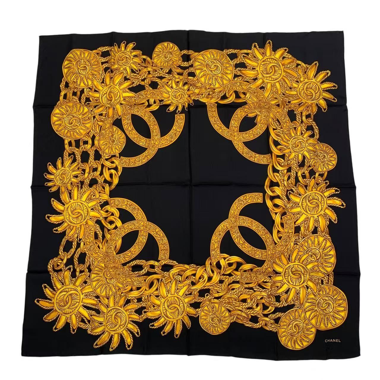 新品同様 CHANEL シャネル スカーフ シルク チェーン柄 ブラック x