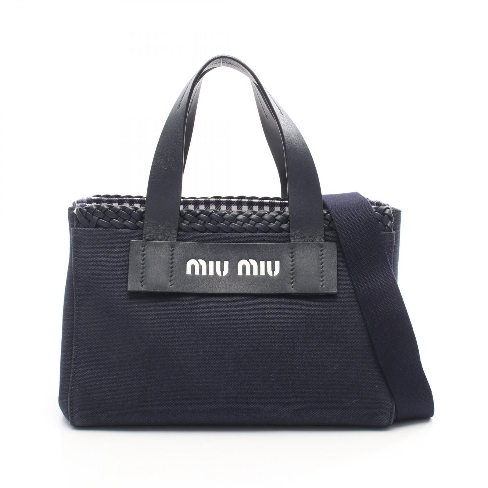 ミュウ ミュウ Miu Miu ハンドバッグ CANAPA カナパ 編み込み ネイビー