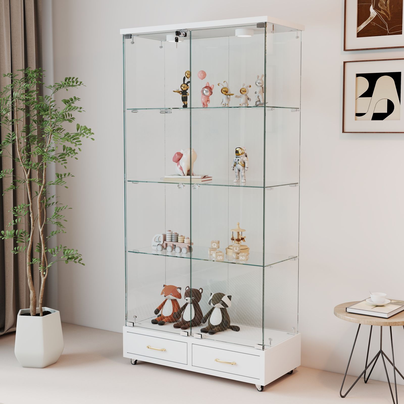 数量限定セール」 LED照明・引き出し付き ガラス収納キャビネット