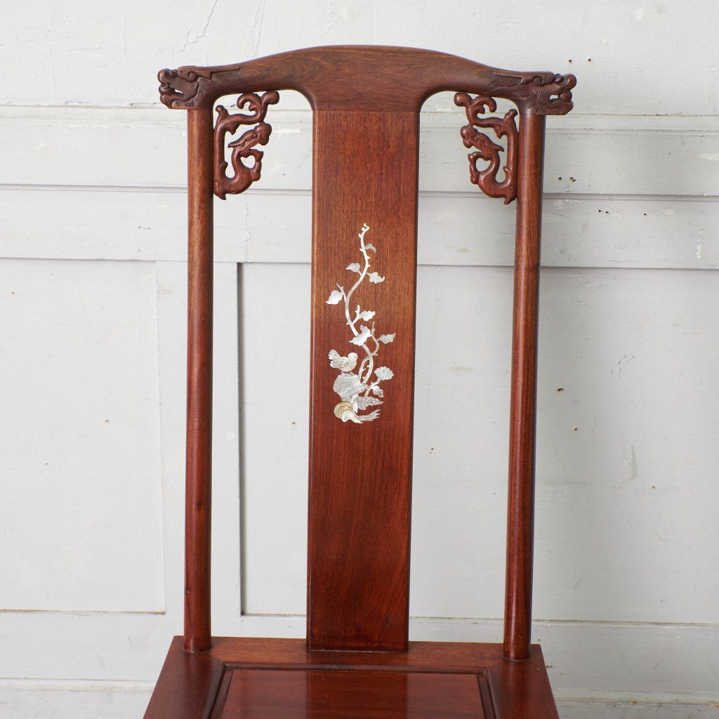 2脚セット 螺鈿細工 花梨 ダイニングチェア 中国美術 椅子 透かし彫り