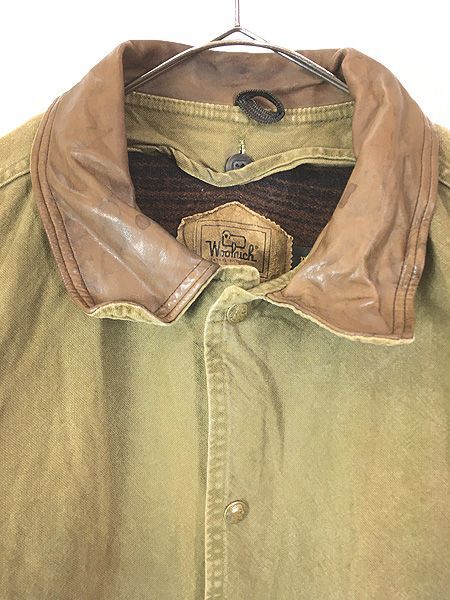 古着 90s USA製 WoolRich 本革 レザー襟 オリーブ ダック ハンティング
