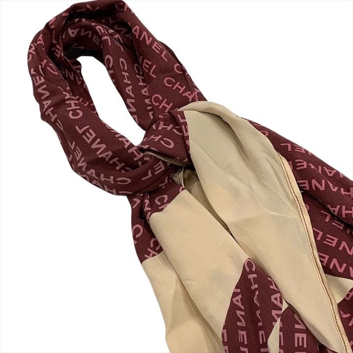 良品 CHANEL シャネル ロゴ ココマーク シルク100％ スカーフ ピンク系