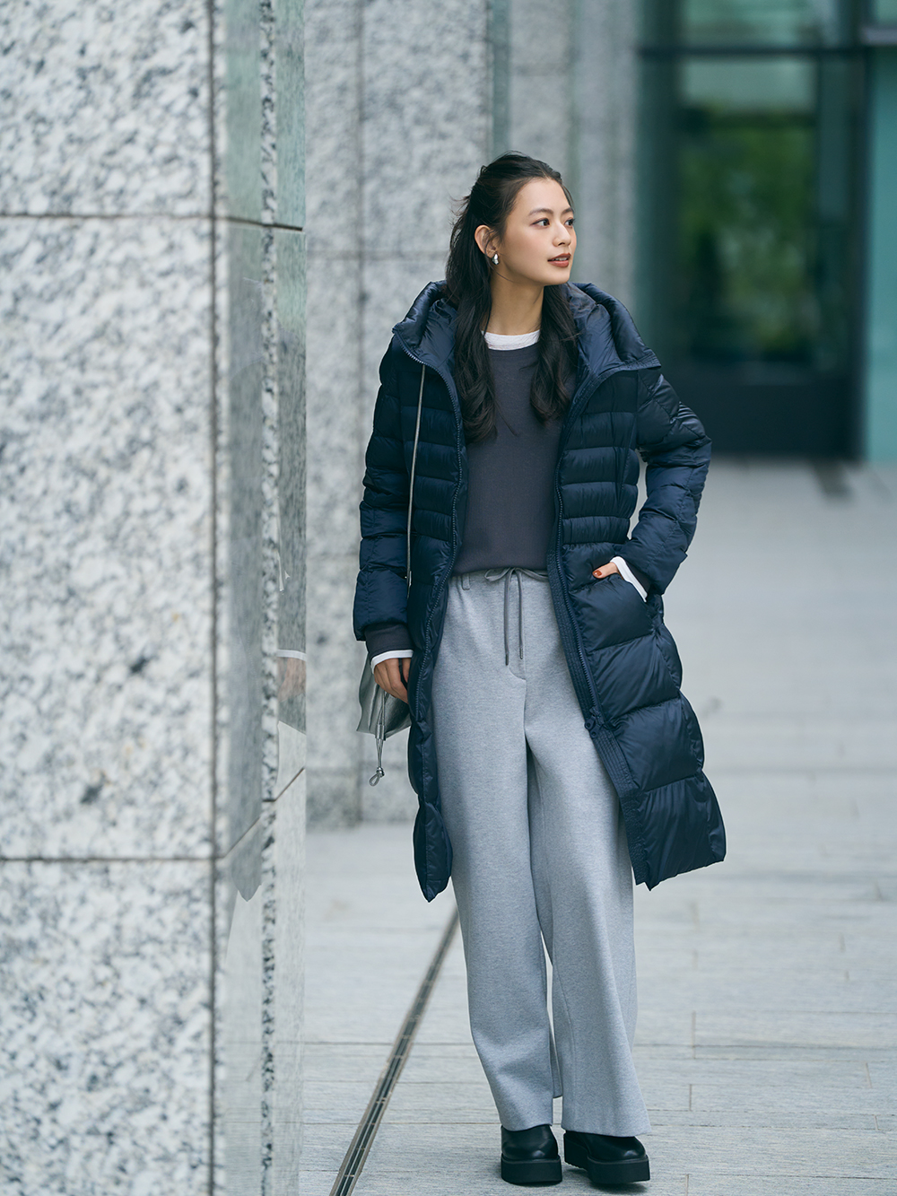 スタンドカラーパデッドブルゾン、ウールコットンブレンドフレア