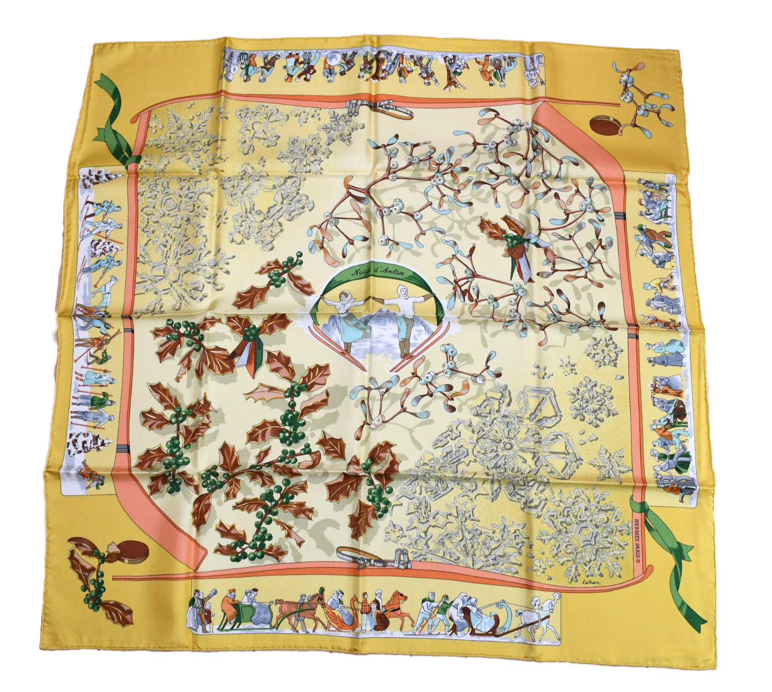 Hermes Scarf Neige d'Antan Silk 90 cm yellow Snow ski Carre 35