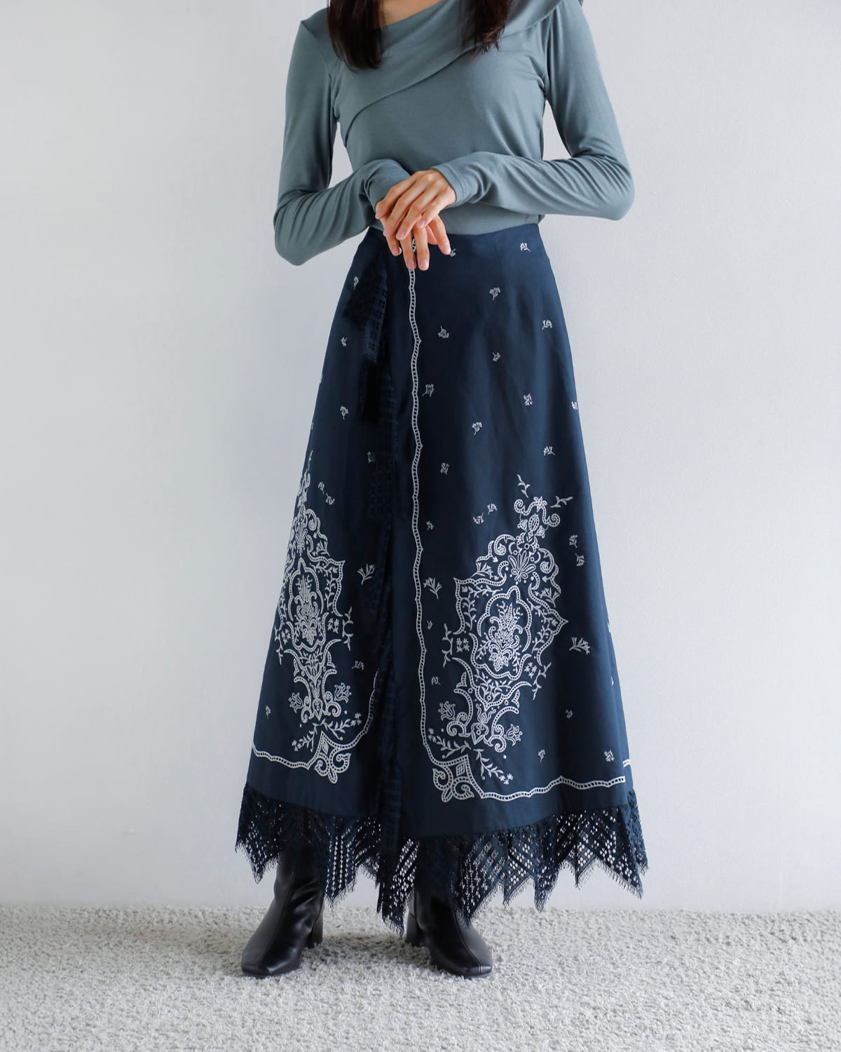 50%OFF】CREDONA クレドナ コットン レース 刺繍 ラップ スカート