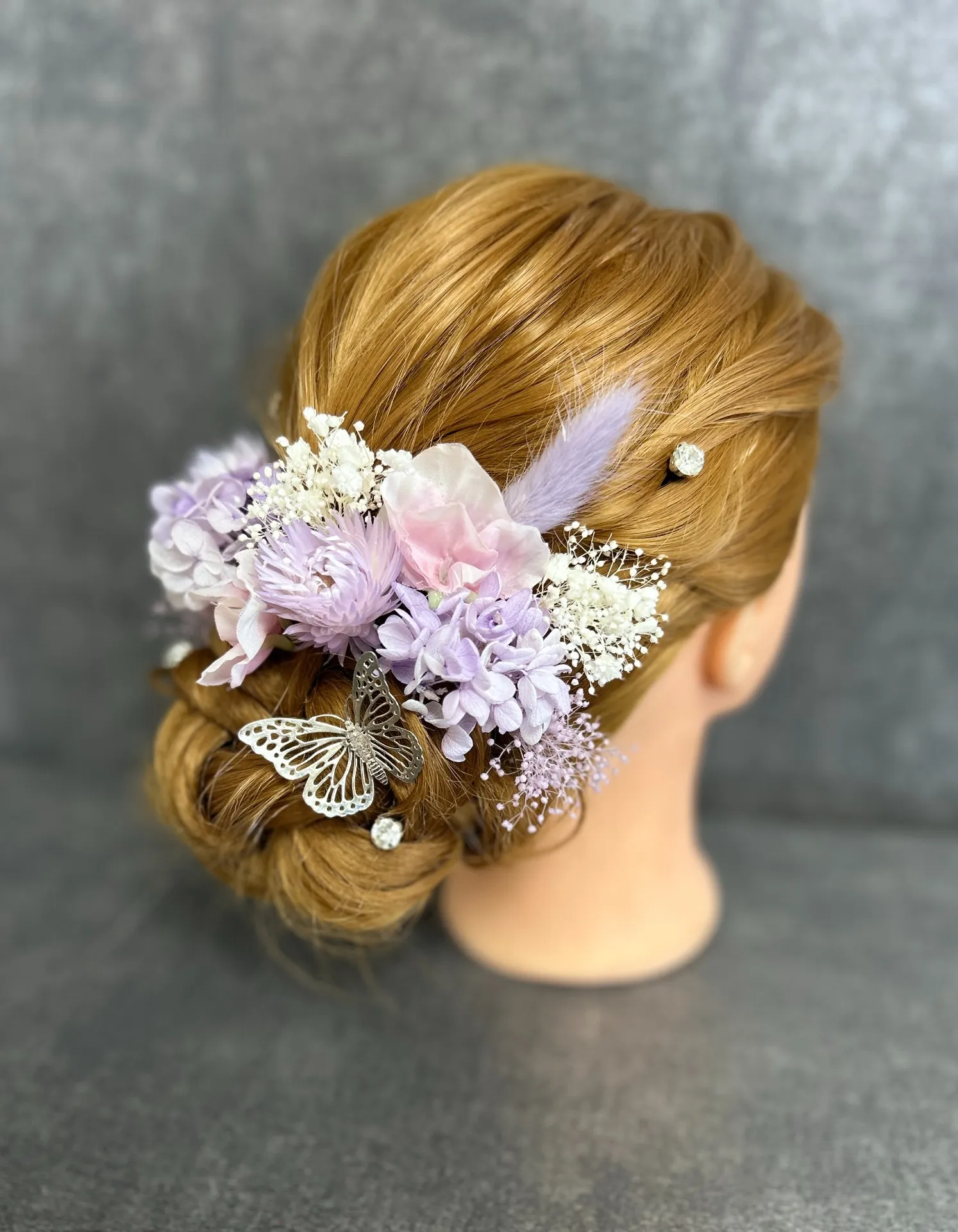 No.229 髪飾り 結婚式 成人式 卒業式 蝶々 ダイヤ 宝石 紫 ドライ