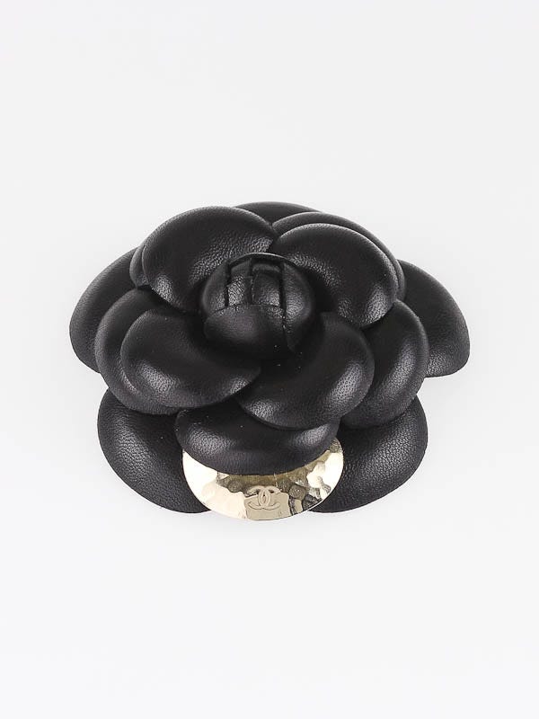 Chanel Black Leather Camellia Flower Pin | Yoogi's Closet