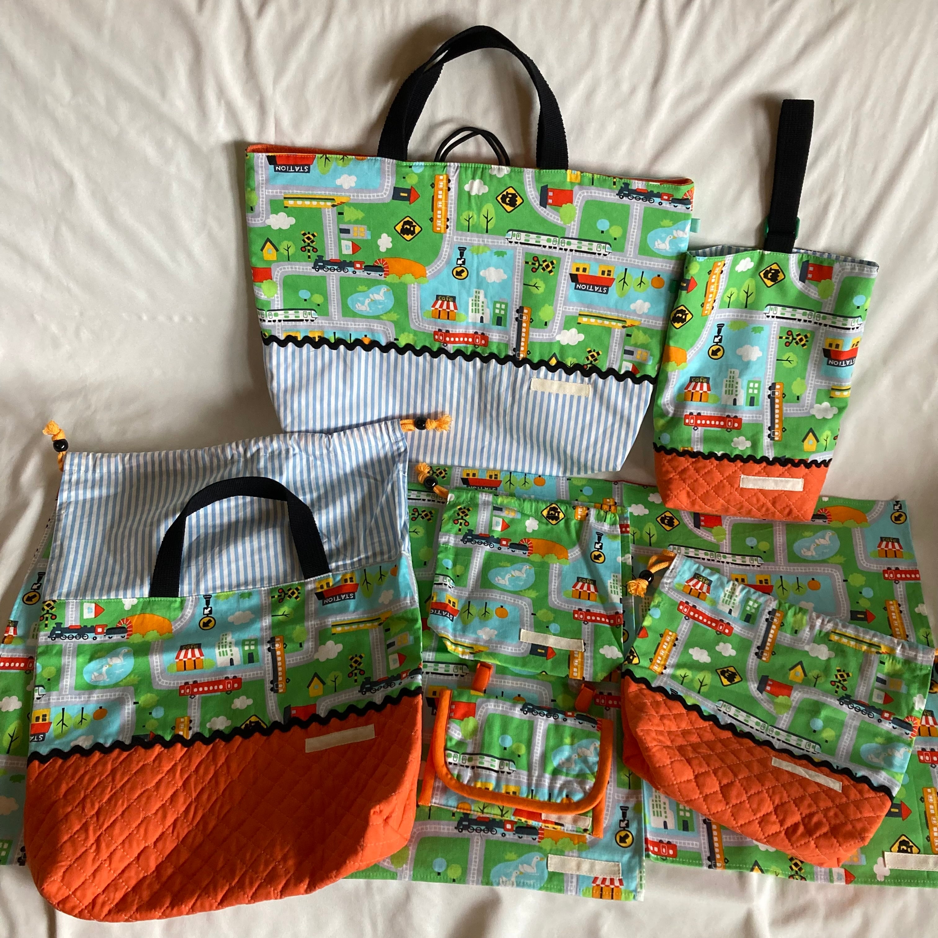 オーダーOK】入園入学セット63電車汽車が通る町線路黄緑☆手提げ